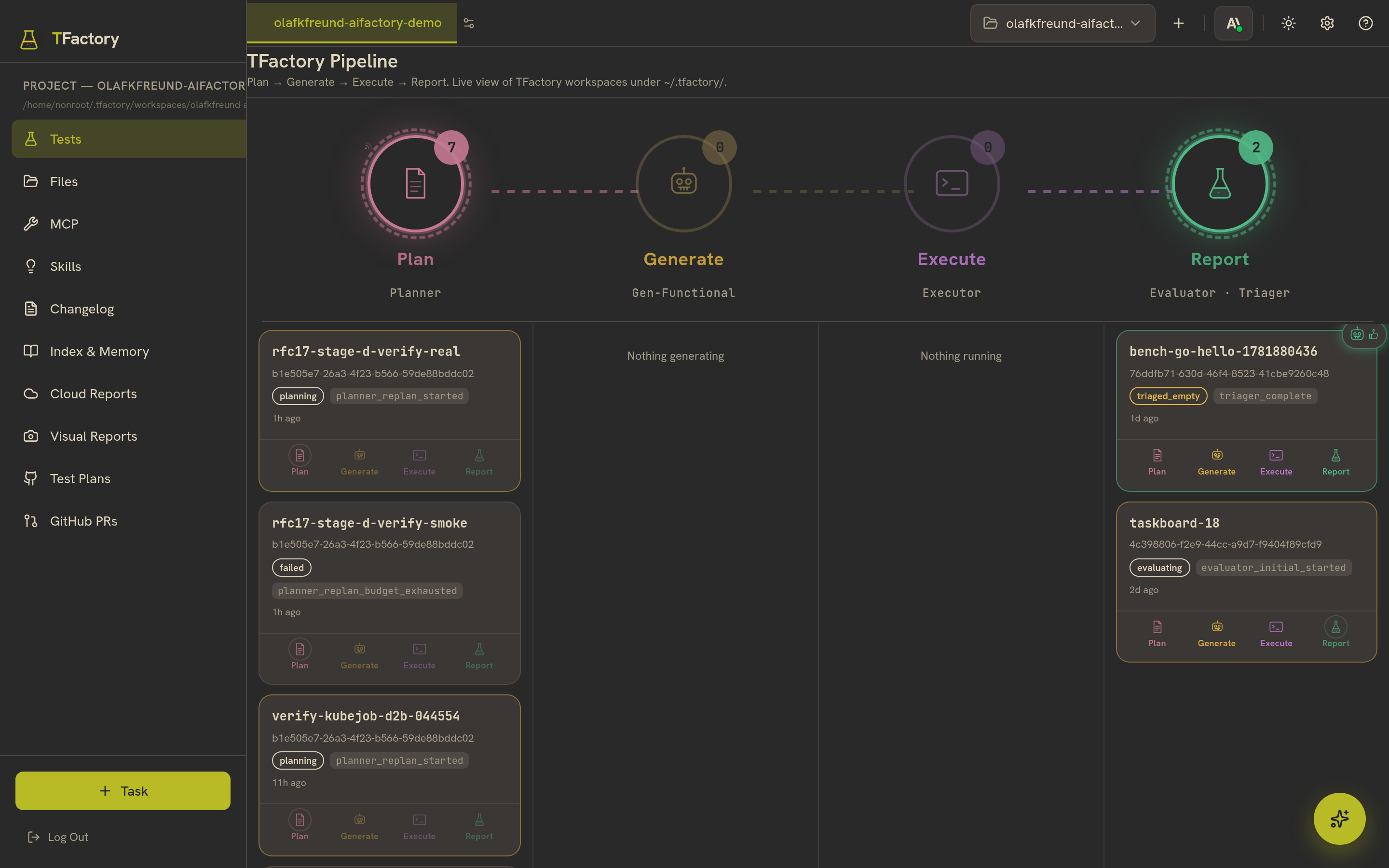 The TFactory pipeline board — Plan, Generate, Execute, Report columns with live tasks