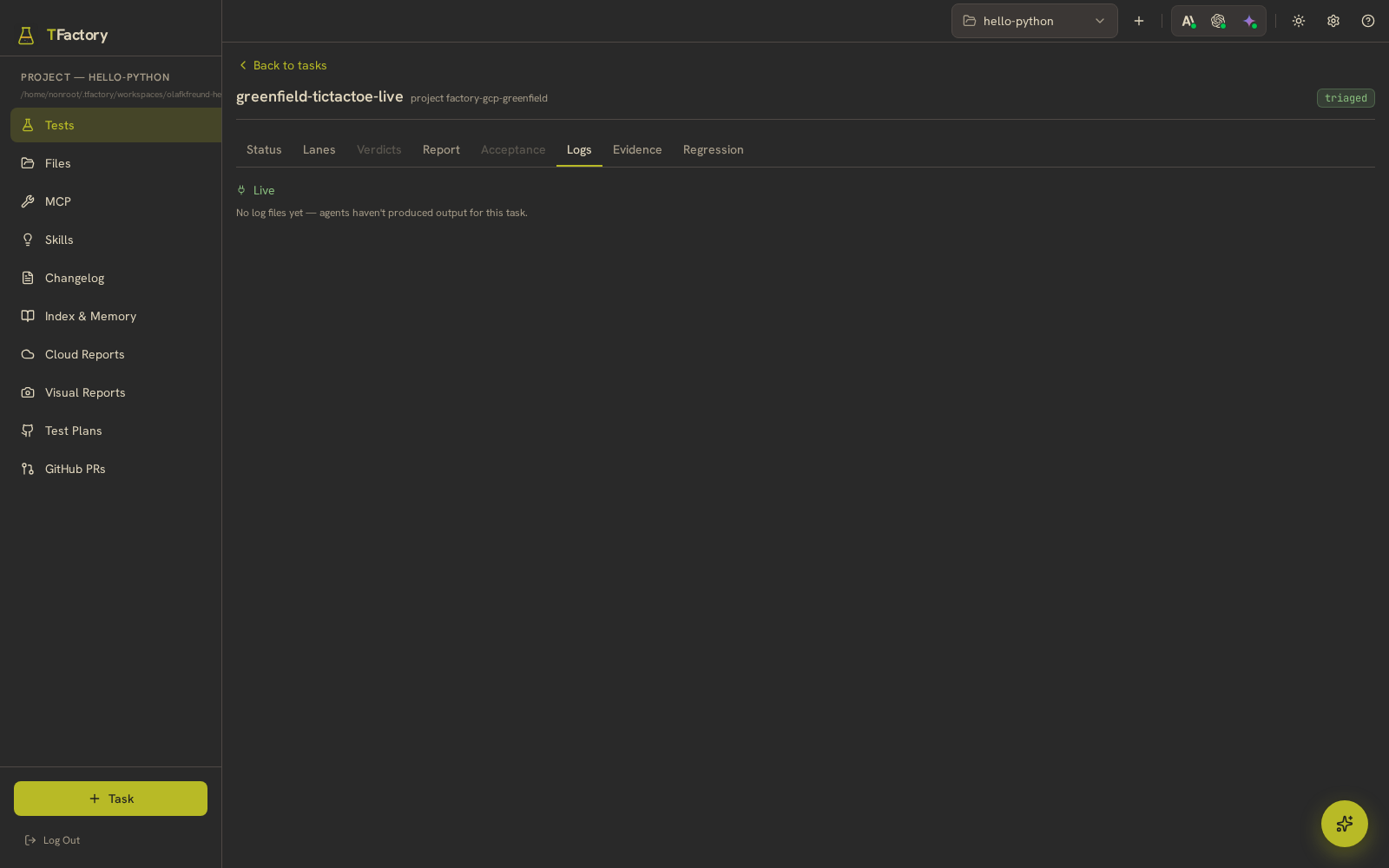 The Logs tab — phase-by-phase agent logs