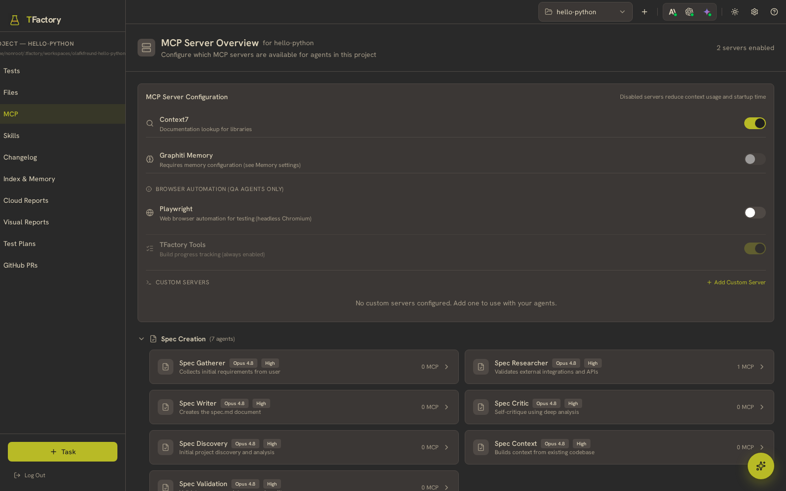 The MCP server configuration and agent roster
