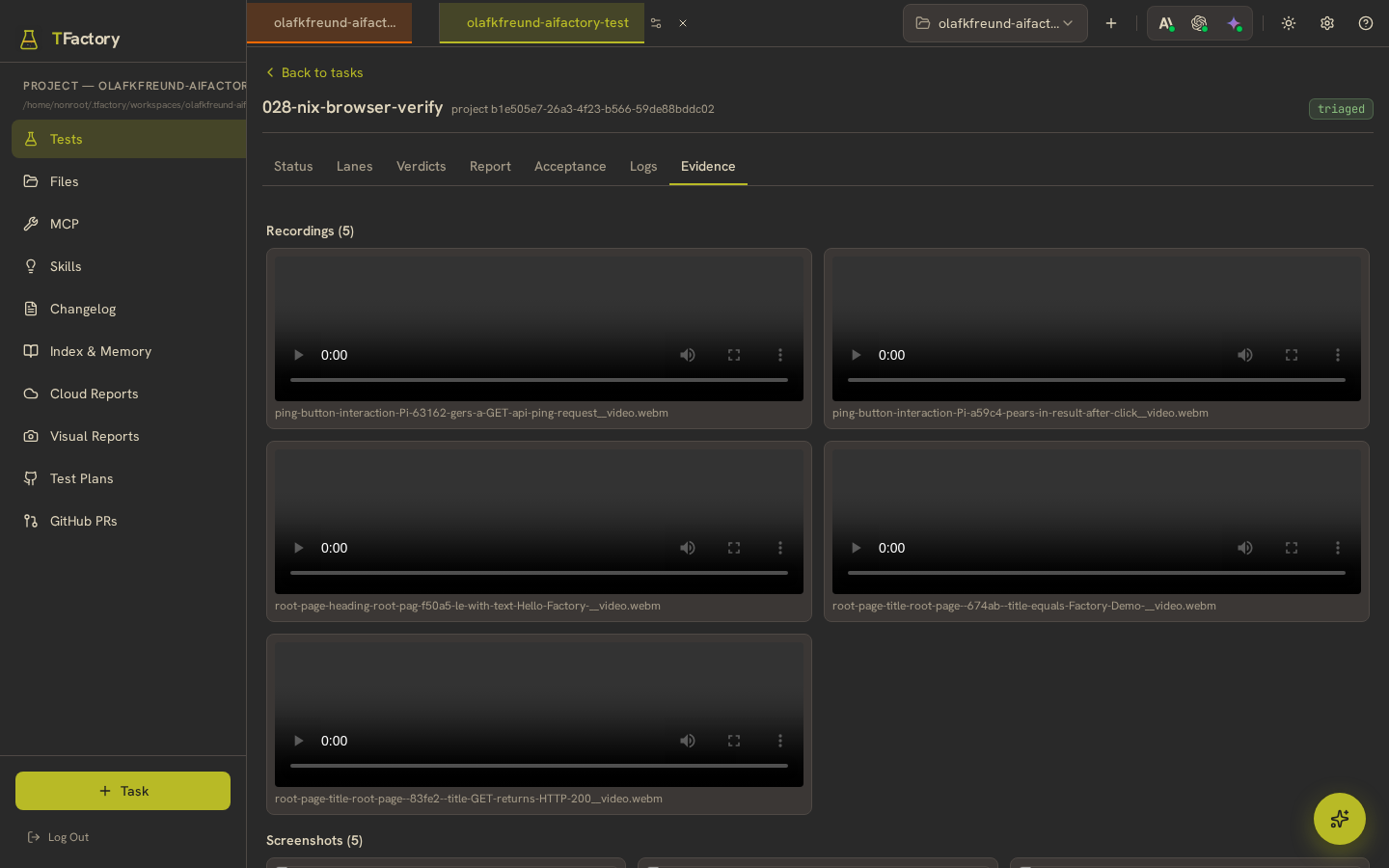 The Evidence tab — browser-lane recordings and screenshots