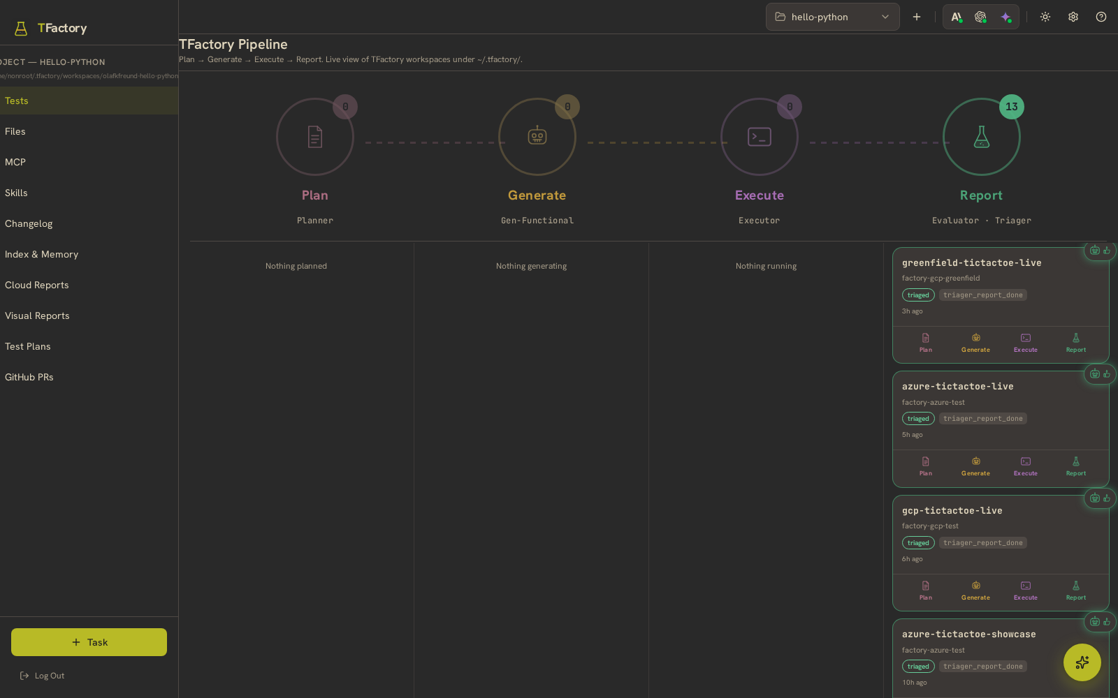 The TFactory pipeline view — Plan, Generate, Execute, Report